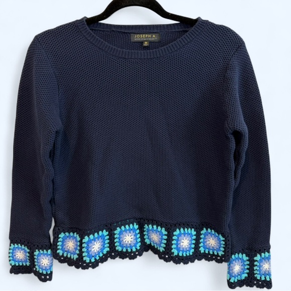 Navy Crochet Hem Knit Sweater Boho Cotton Pullover Small Joseph A - Picture 2 of 7